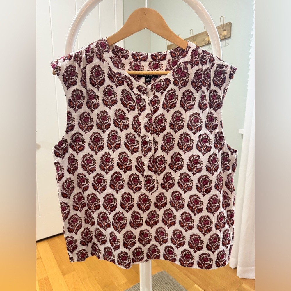 J. Crew Sleeveless Top with Pink, Orange and White Leaf Pattern
